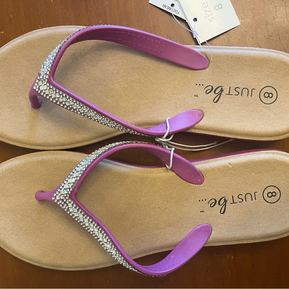 NWT Just be Purple Rhinestone Thong Sandals with Tan Footbed